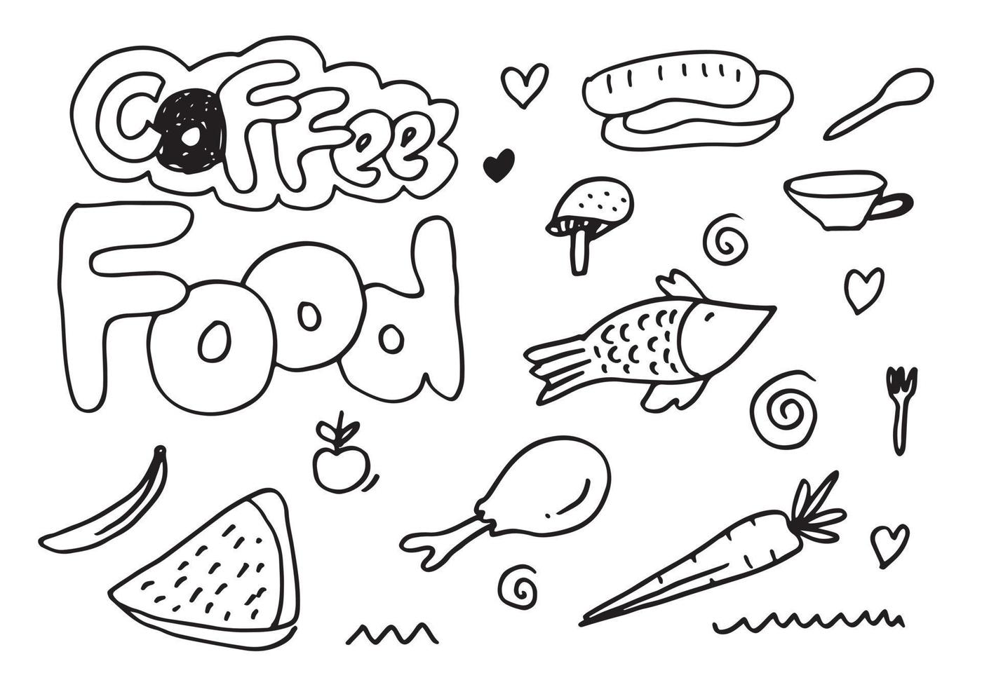 doodle voedsel, fruit, groenten met belettering in vector. vector