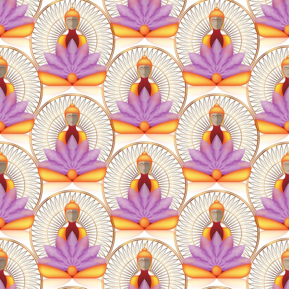 naadloos zittend Boeddha over- goud mandala en lotus bloemen. esoterisch vector illustratie. wijnoogst decoratief cultuur achtergrond. Indisch, Boeddhisme, geestelijk kunst. gouden, spiritualiteit, Thais god, yoga