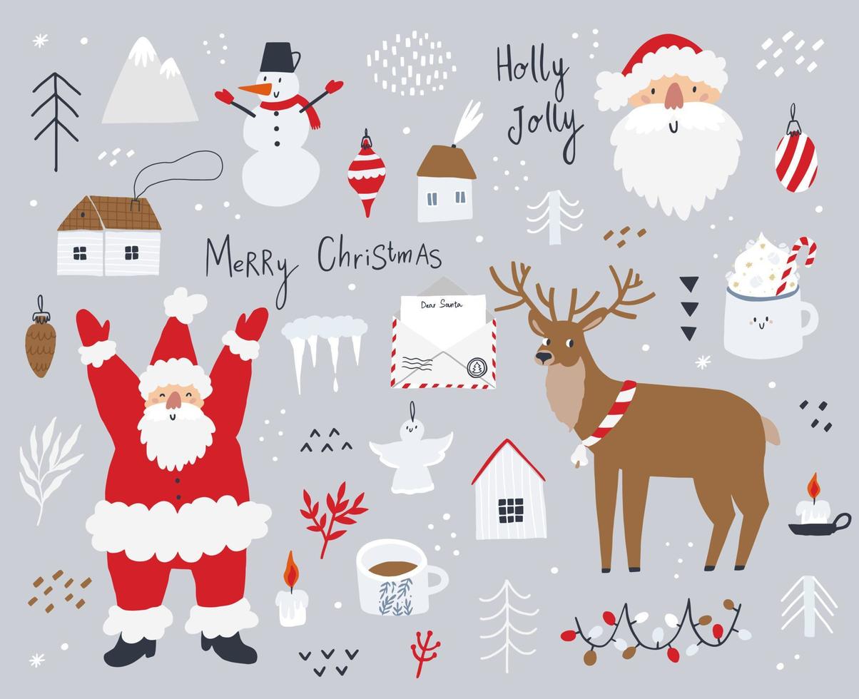 reeks van Kerstmis en nieuw jaar elementen. de kerstman claus, rendier, schattig huizen, en Kerstmis boom zijn geïsoleerd Aan wit achtergrond. vector
