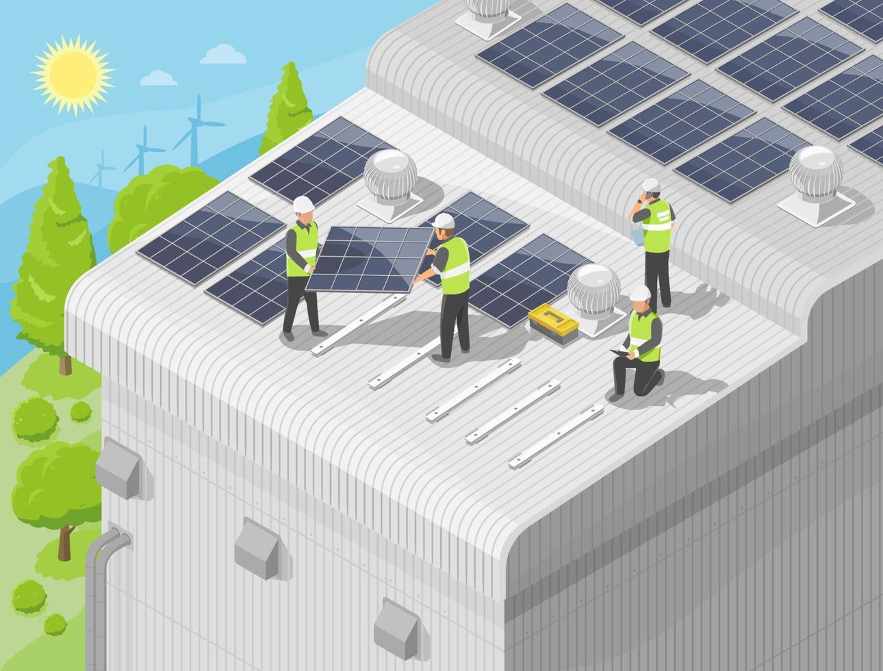 zonne- cel fabriek dak top installateur team onderhoud vol top visie voor klant ecologie en eco bedrijf isometrische isoleren vector