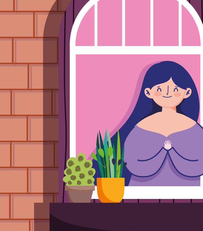 vrouw kijken naar het raam met potplant vector