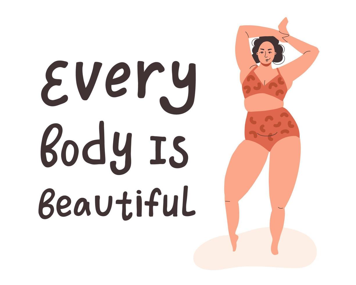 een mooi mollig vrouw staat in een zwempak in een sexy houding. iedereen is mooi. tekening Aan de thema van lichaam positiviteit en vrouw uiterlijk. vlak vector illustratie.