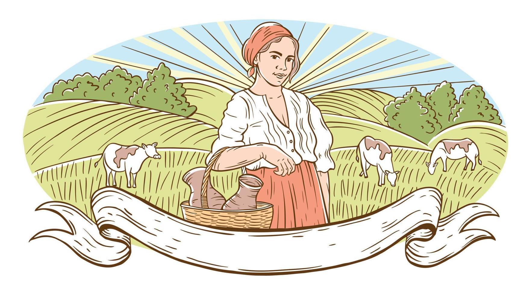 een dorp en een meisje met velden en de zon. landelijk landschap met een jong vrouw en bomen. de meisje houdt oren van tarwe of rogge. hand- gravure stijl vector