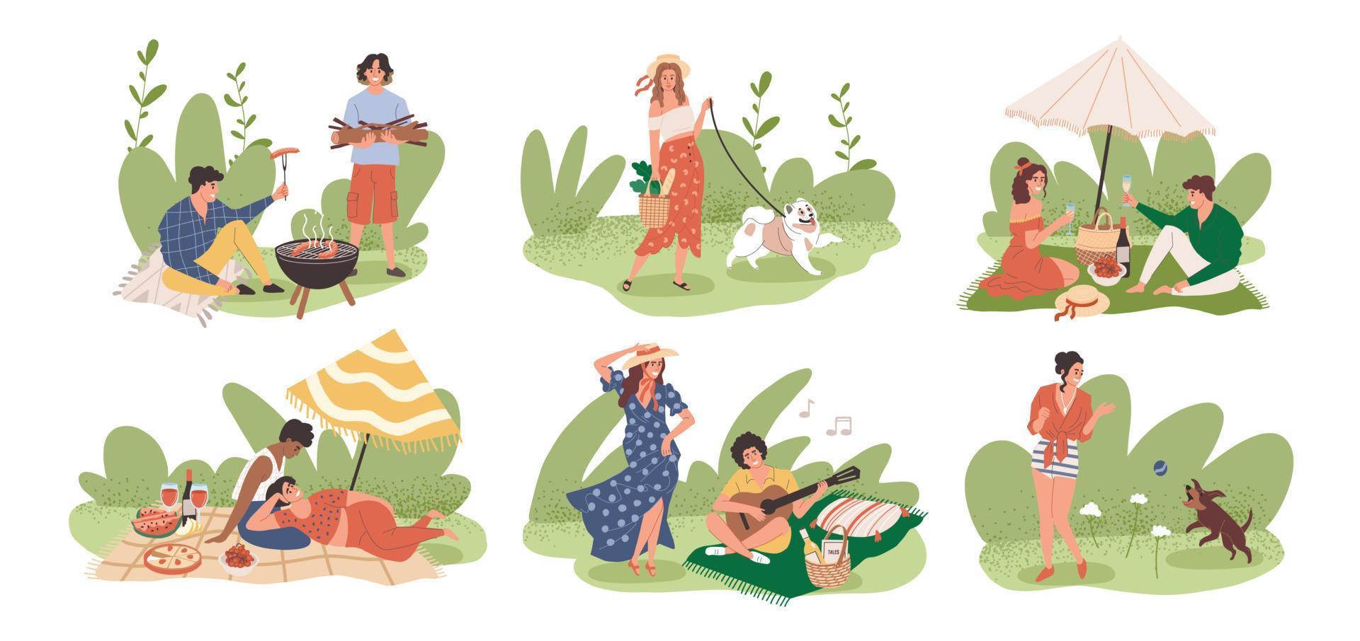 mensen hebben een picknick in verschillend manieren. vector tekening met een zomer vakantie in natuur. mensen wandelen, Speel met de hond, bakken worstjes, eten en hebben pret