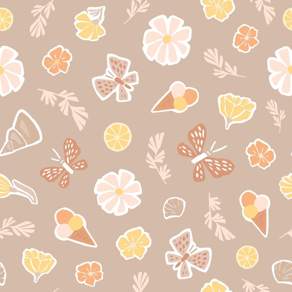 schattig zomer vlak illustratie van vlinders, ijs room, citroenen, schelpen, bloemen en bladeren. naadloos vector patroon voor stoffen, achtergronden, omhulsel papier in teder pastel kleuren.