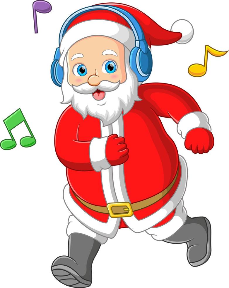 de kerstman claus dansen en luisteren muziek- door groot hoofdtelefoons vector