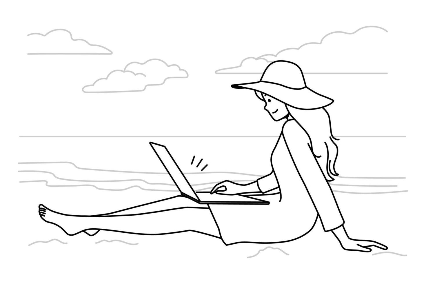 glimlachen jong vrouw kom tot rust Aan strand werken Aan laptop. gelukkig vrouw zitten Aan kust bladeren internet Aan computer freelancen Aan zomer vakantie. vector illustratie.