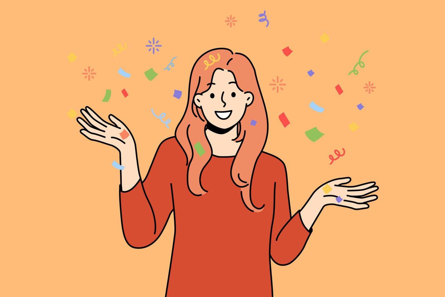 glimlachen jong vrouw met confetti hebben pret vieren. gelukkig meisje genieten partij of viering. vector illustratie.