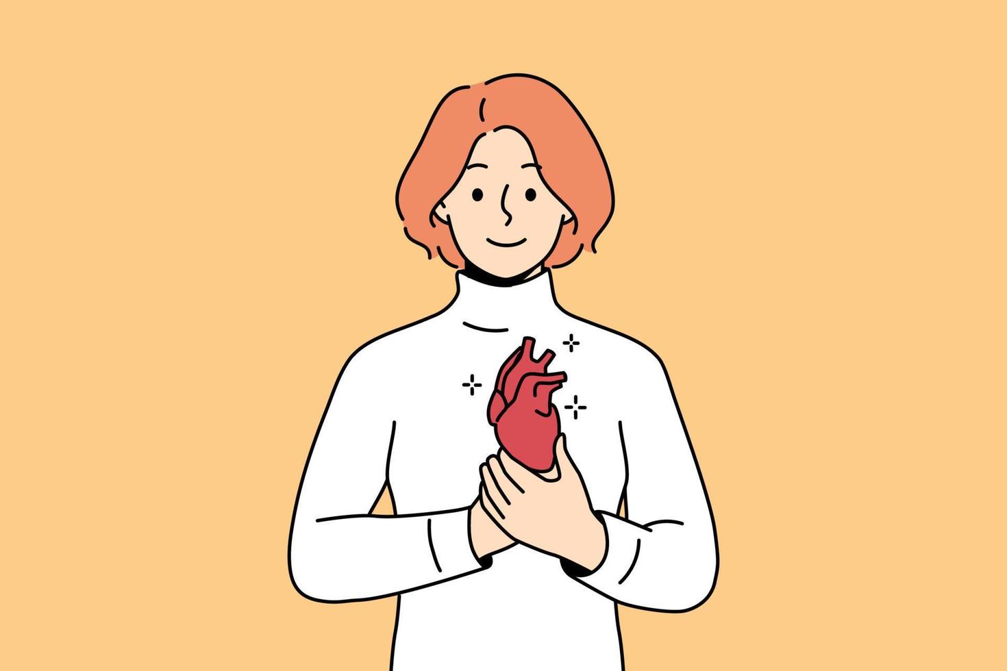 glimlachen jong Mens Holding hart in handen. gelukkig vrouw demonstreren gezond hart. cardiovasculair probleem en gezondheidszorg. vector illustratie.