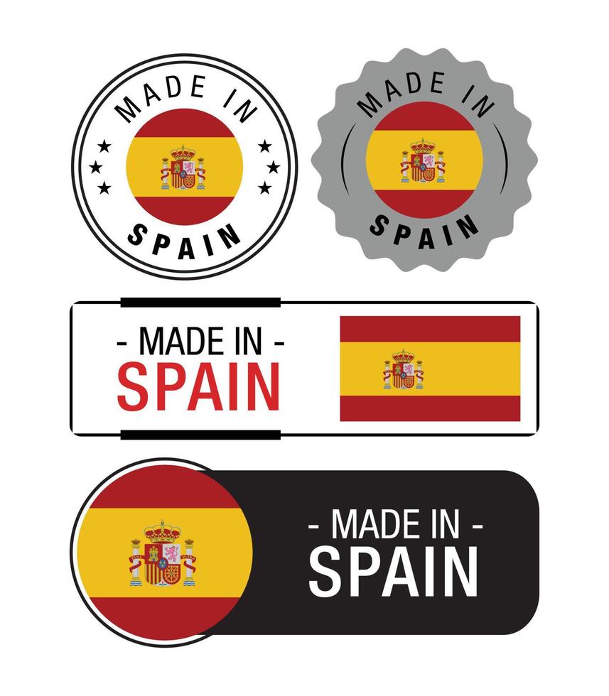 reeks van gemaakt in Spanje etiketten, logo, Spanje vlag, Spanje Product embleem vector