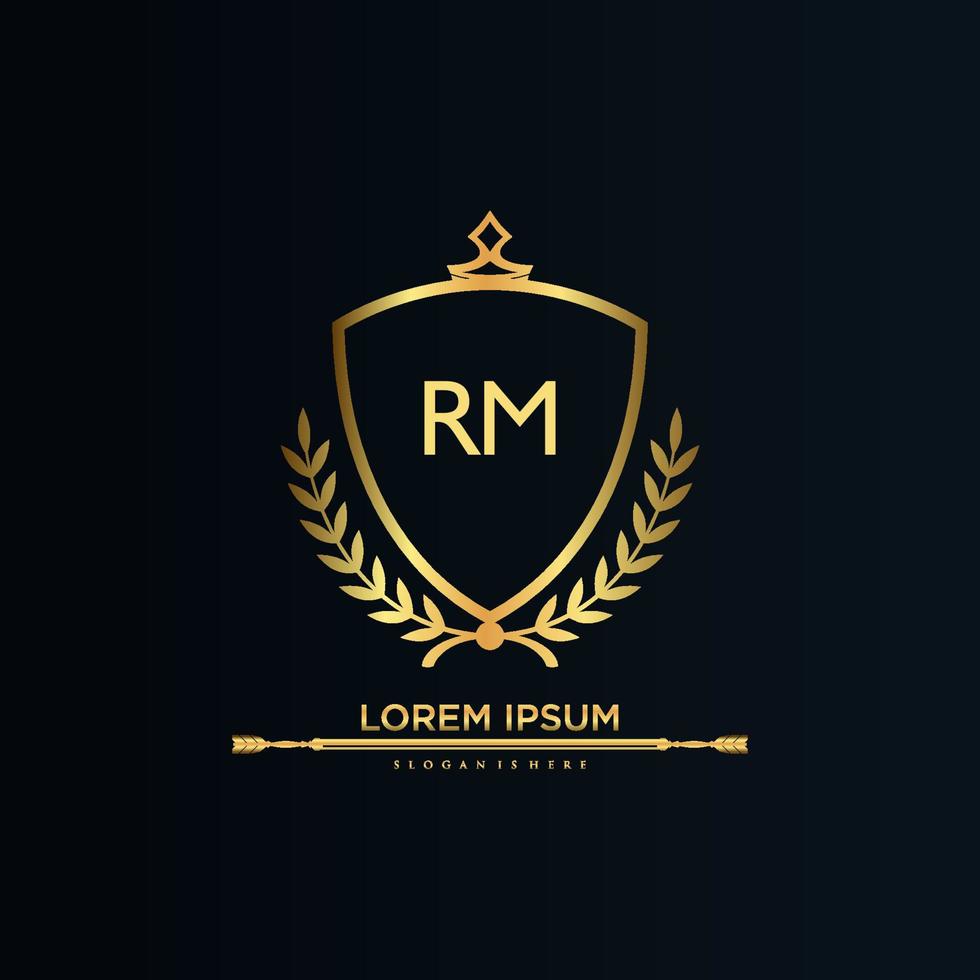 rm brief eerste met Koninklijk sjabloon.elegant met kroon logo vector, creatief belettering logo vector illustratie.