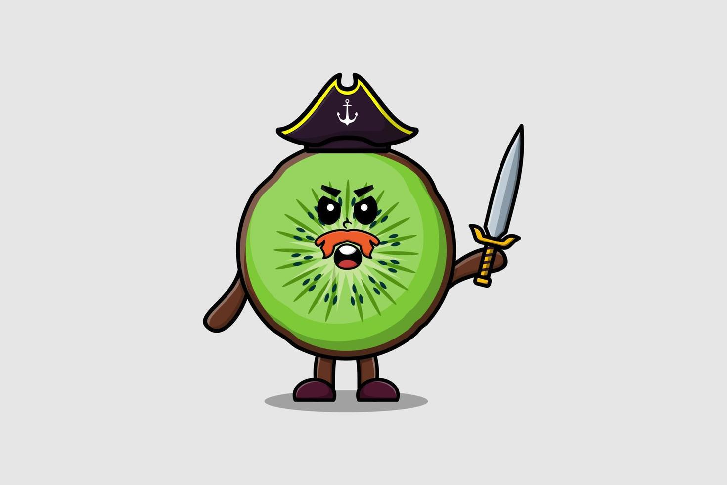 schattig tekenfilm mascotte kiwi fruit piraat houden zwaard vector