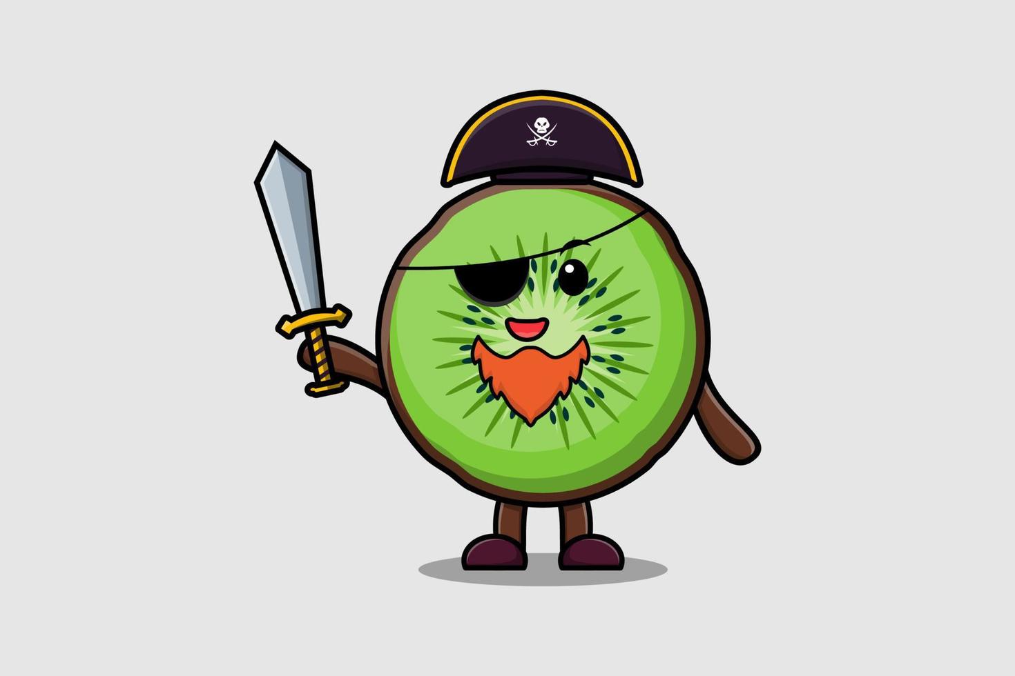 schattig tekenfilm mascotte kiwi fruit piraat houden zwaard vector