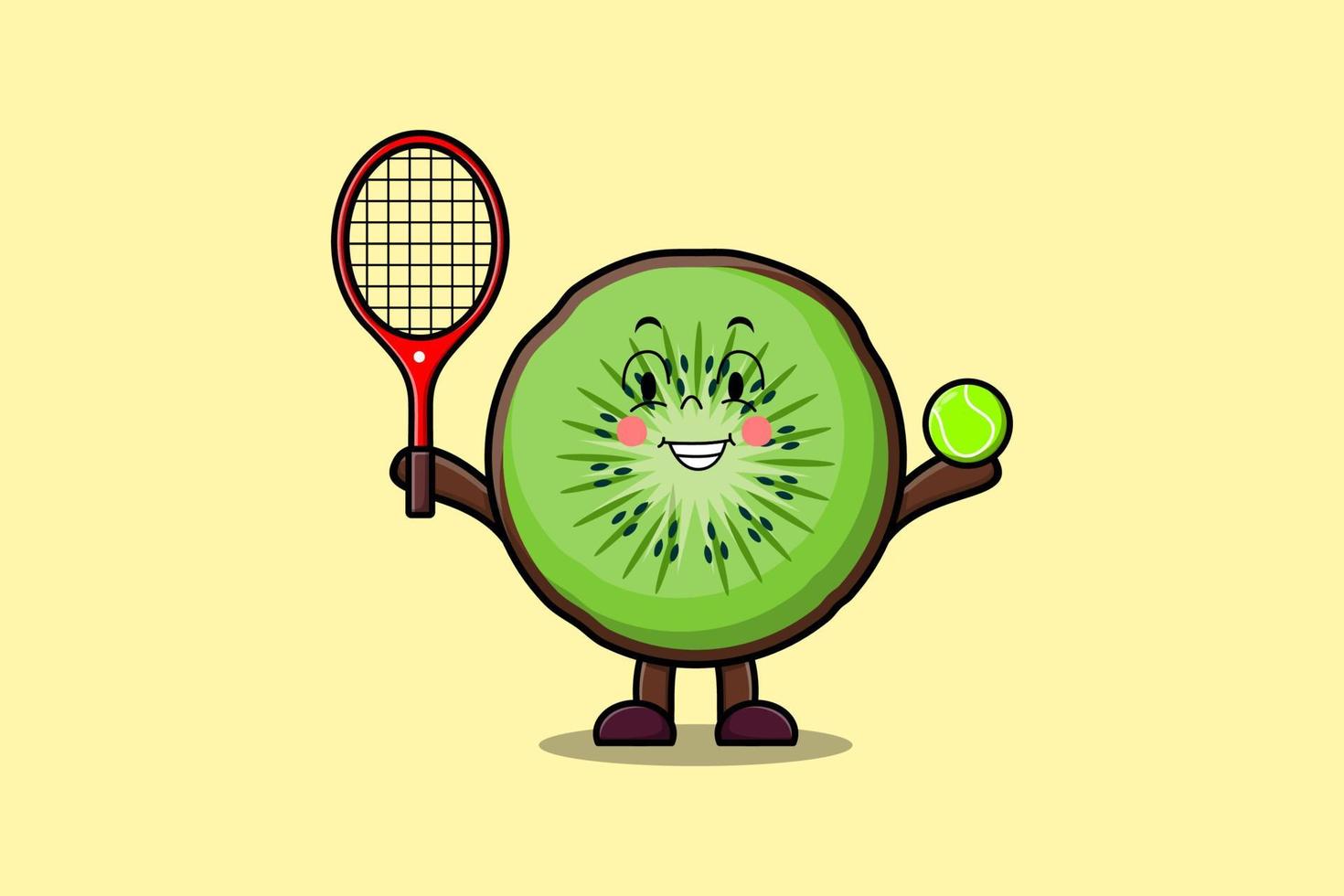 schattig tekenfilm kiwi fruit spelen tennis veld- vector