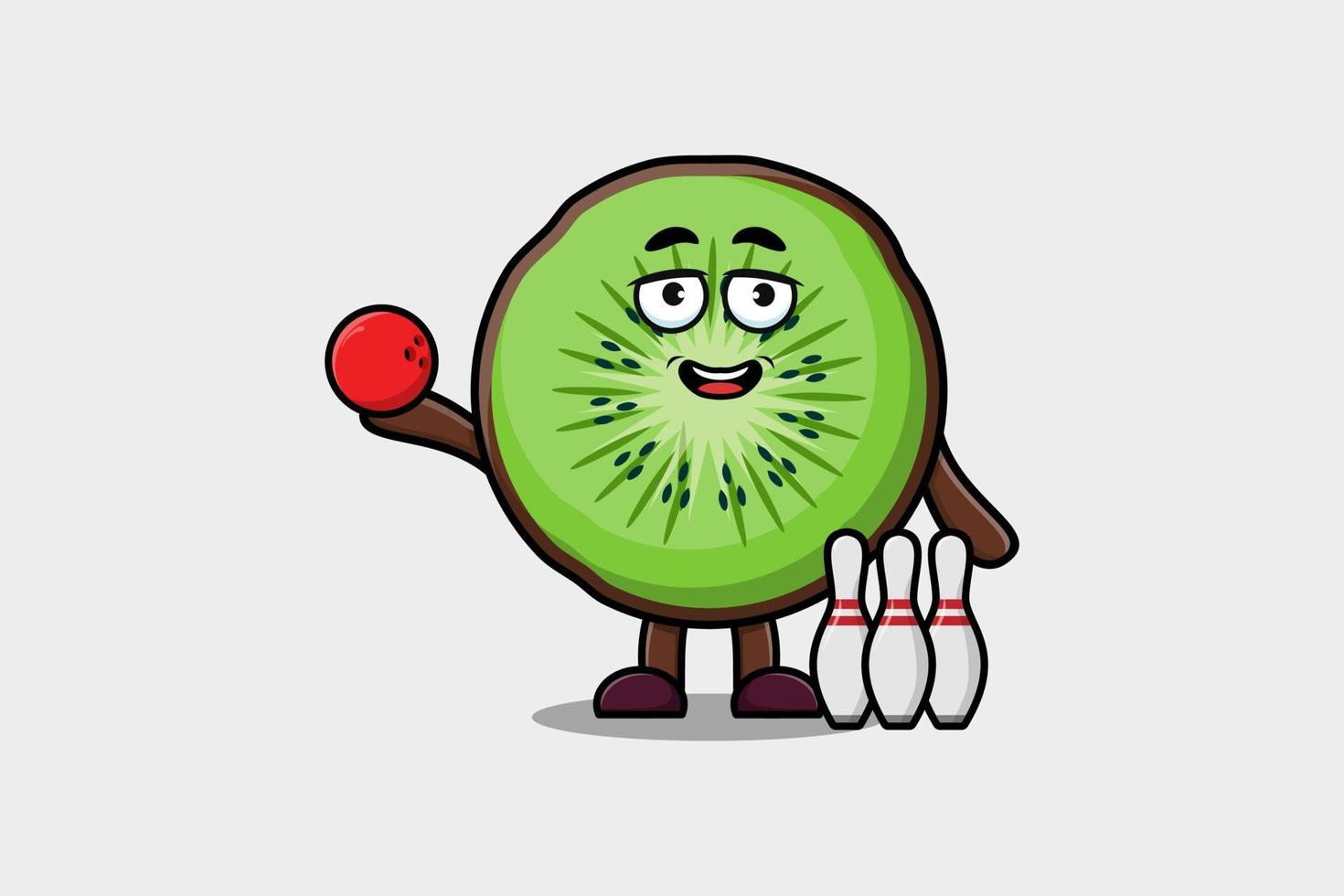 schattig tekenfilm kiwi fruit karakter spelen bowling vector