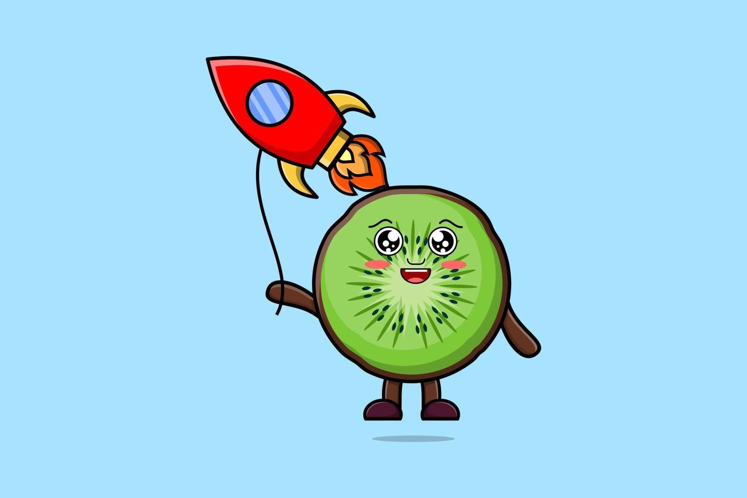 schattig tekenfilm kiwi fruit drijvend met raket vector