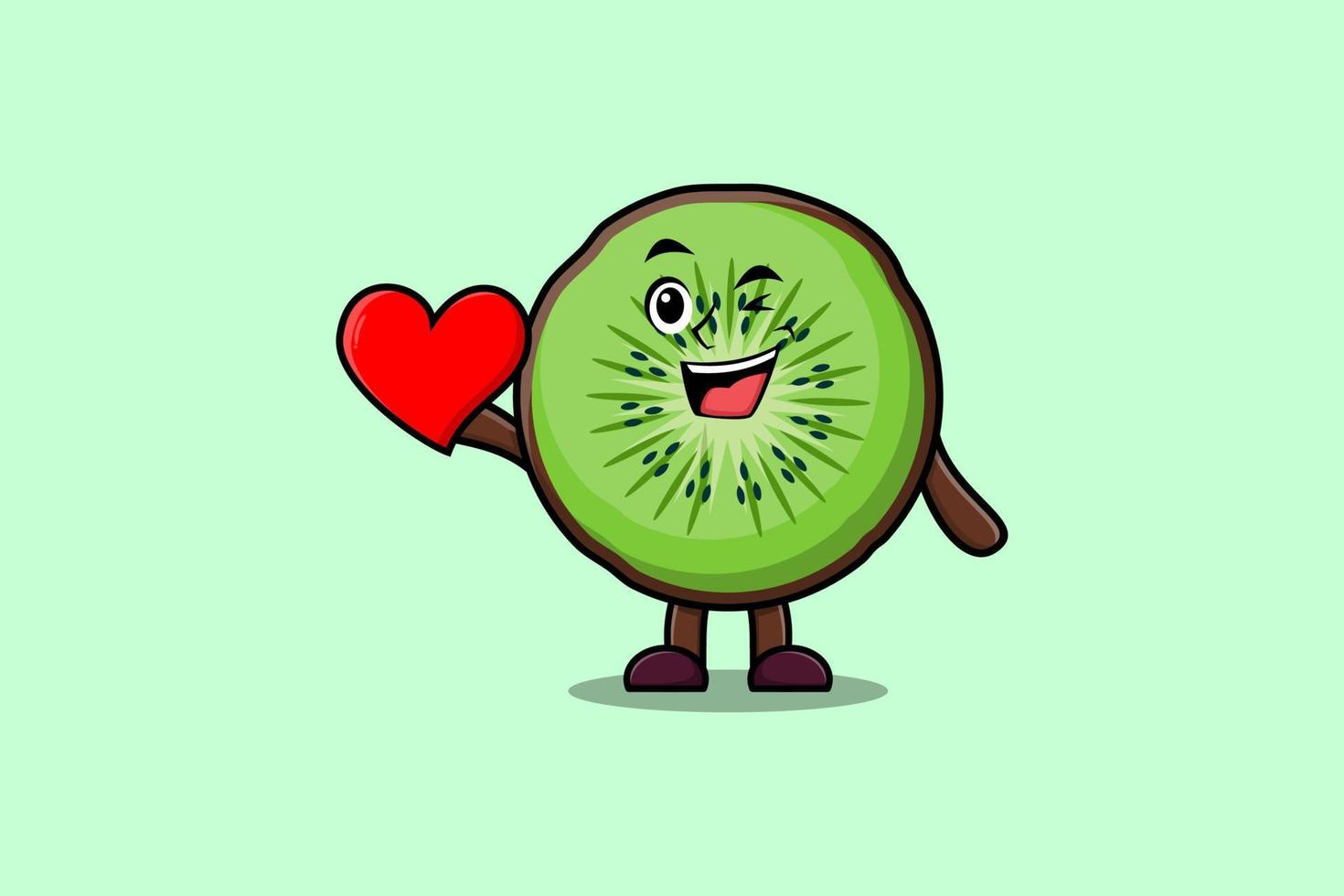 schattig tekenfilm kiwi fruit Holding groot rood hart vector