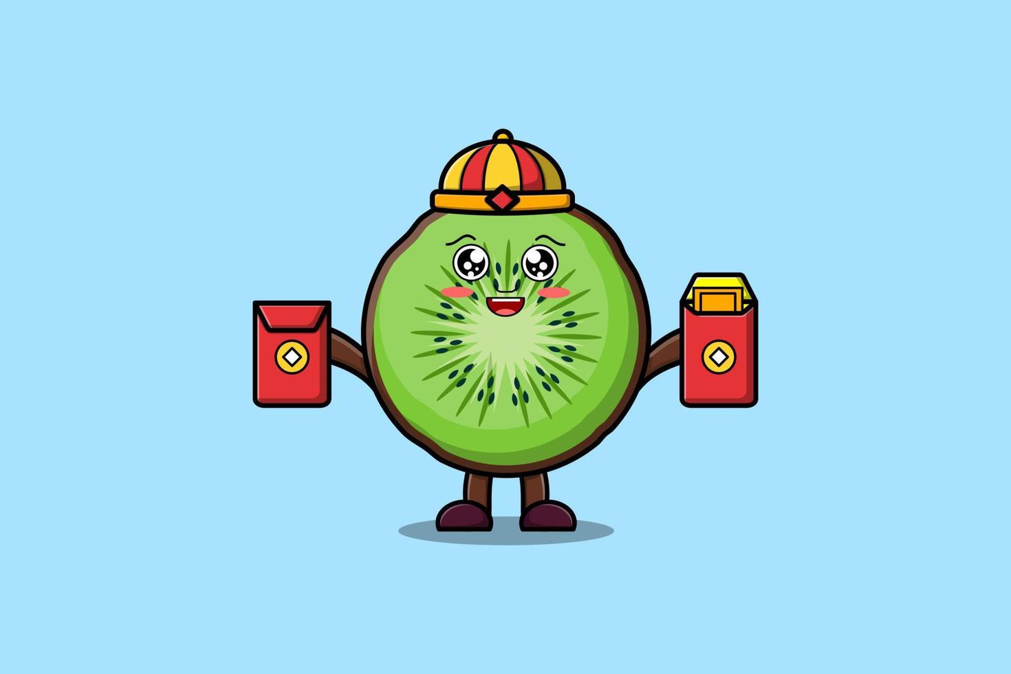 schattig tekenfilm kiwi fruit Chinese Holding rood pakket vector