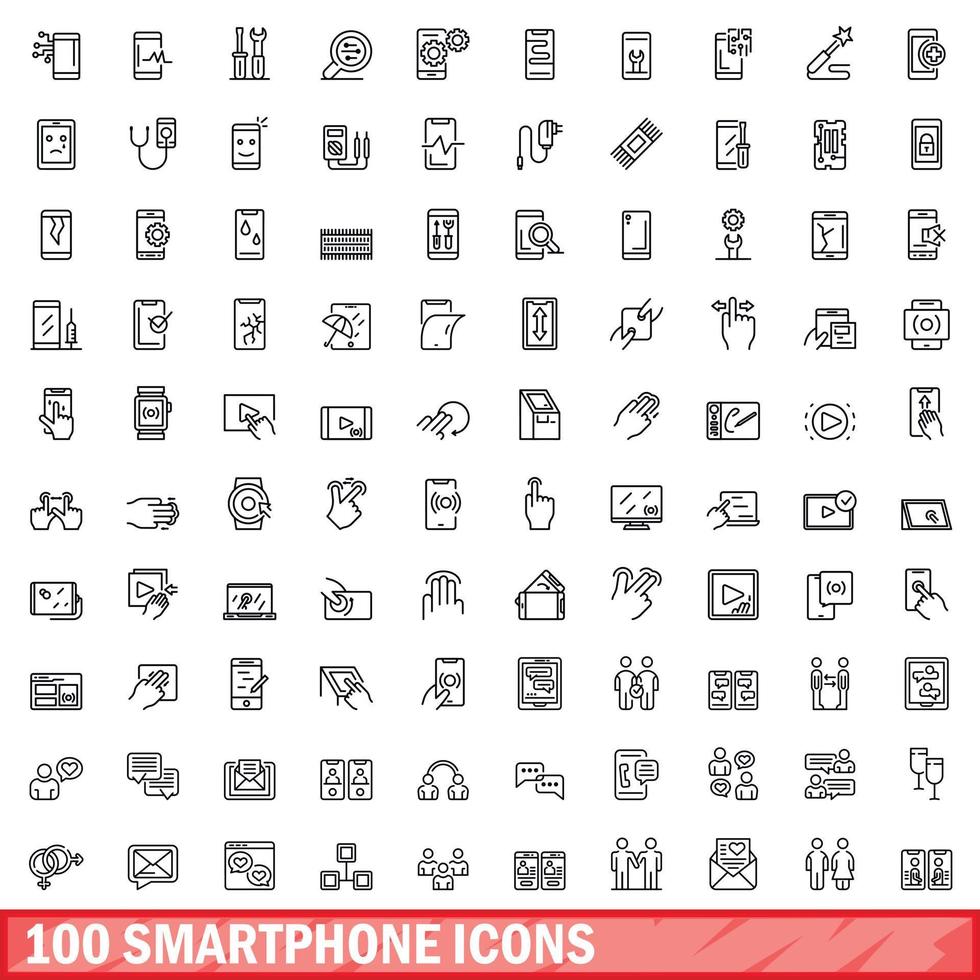 100 smartphone iconen set, Kaderstijl vector