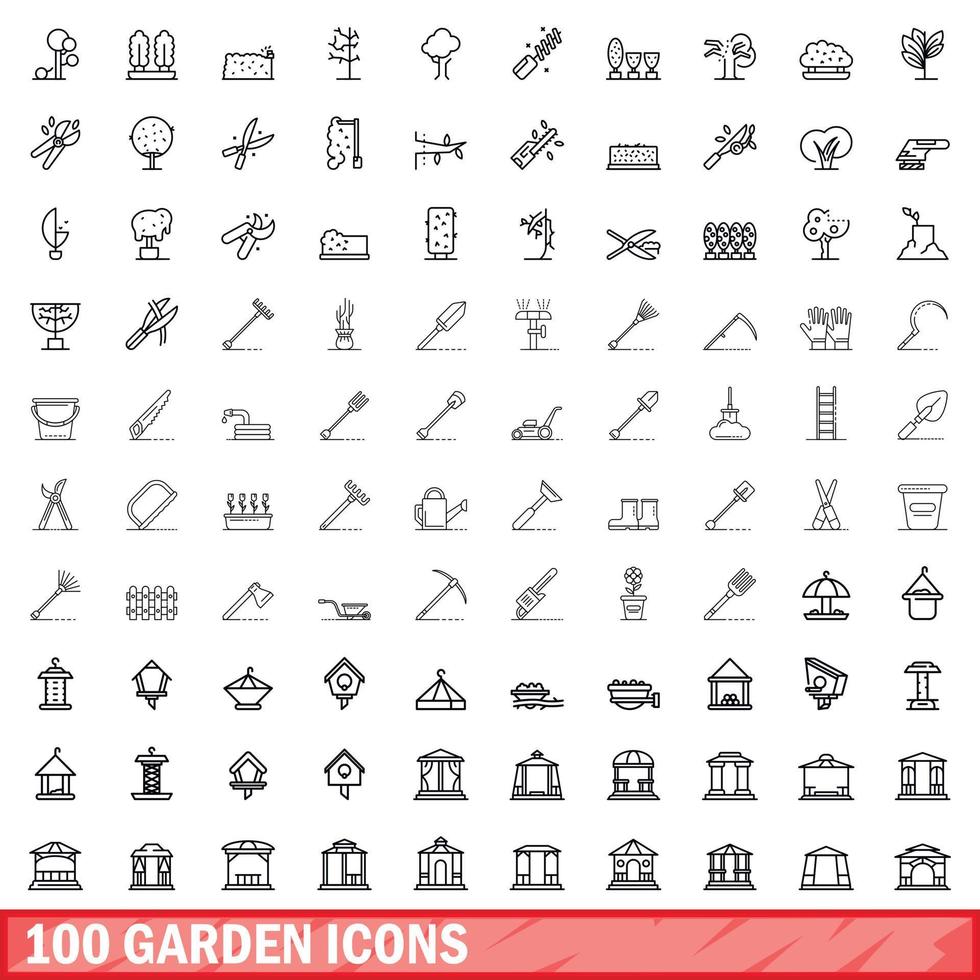 100 tuin iconen set, Kaderstijl vector