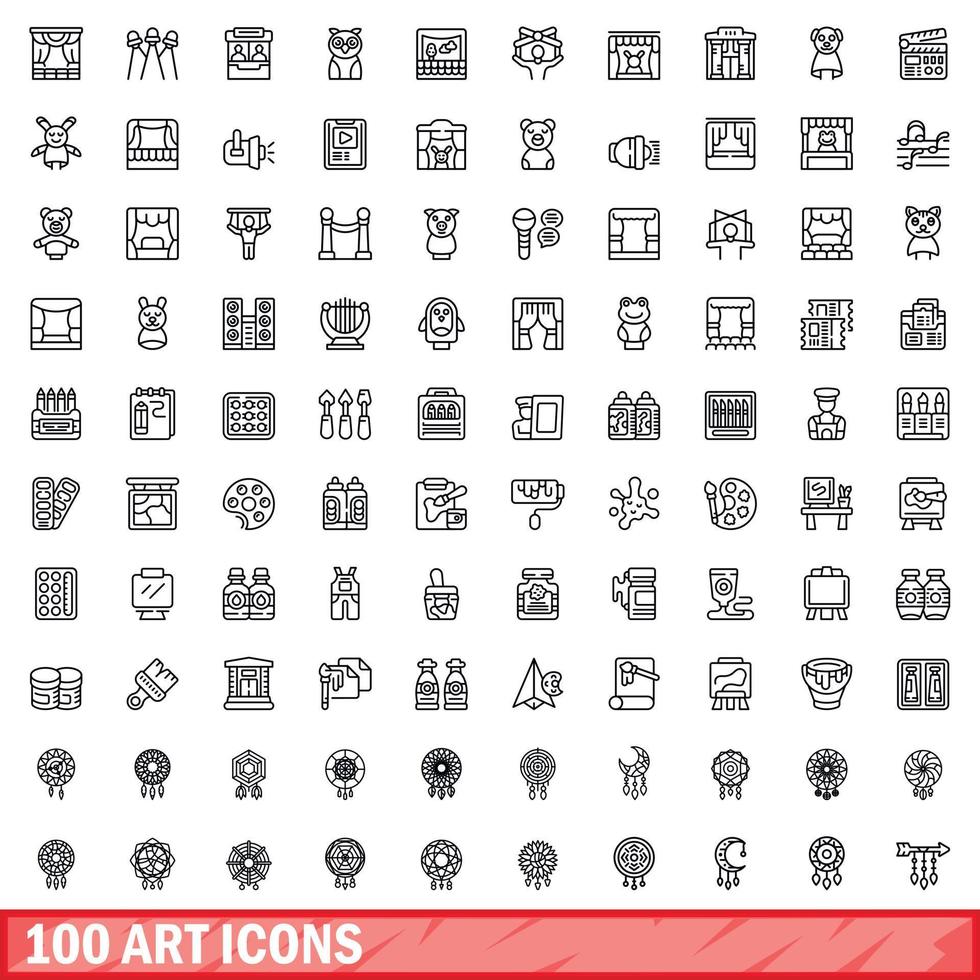 100 kunst iconen set, Kaderstijl vector