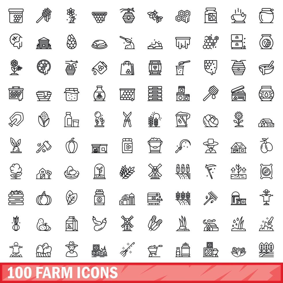 100 boerderij iconen set, Kaderstijl vector
