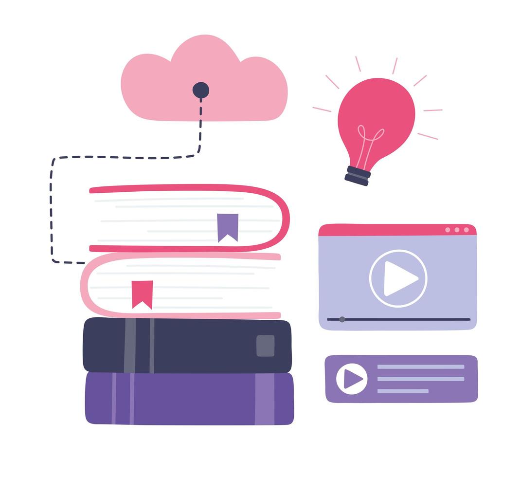 online training. boeken, cloud computing en video-educatie vector