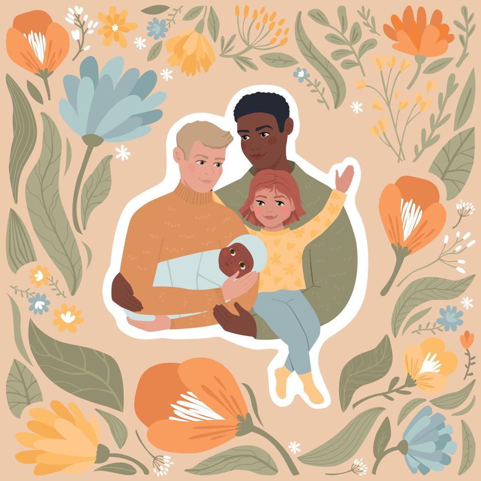 gemengd lgbt familie. 2 vaders, een dochter en een pasgeboren baby met verschillend huid kleuren. warm schattig modern illustratie met bloemen en bladeren. vector