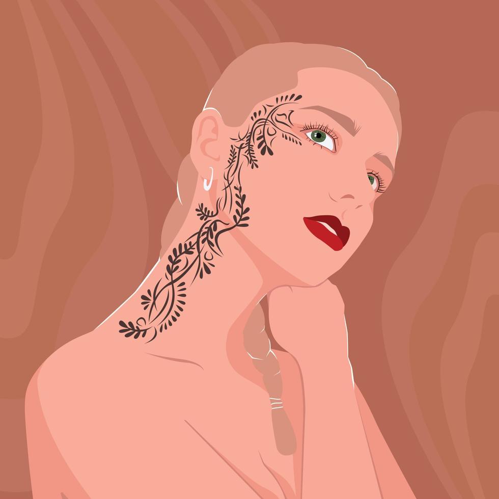 portret van een blond vrouw met een tatoeëren Aan haar gezicht. modern mode illustratie. vector