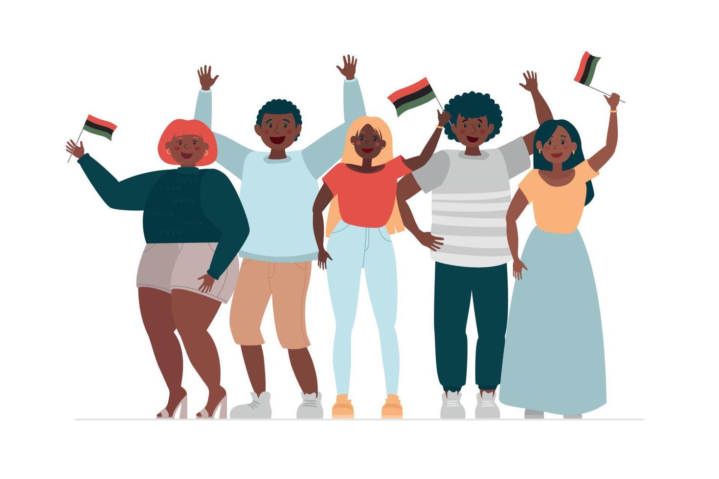 zwart verschillend mensen vieren juneteenth nationaal onafhankelijkheid dag. optocht met vlaggen. vlak modern vector illustratie.