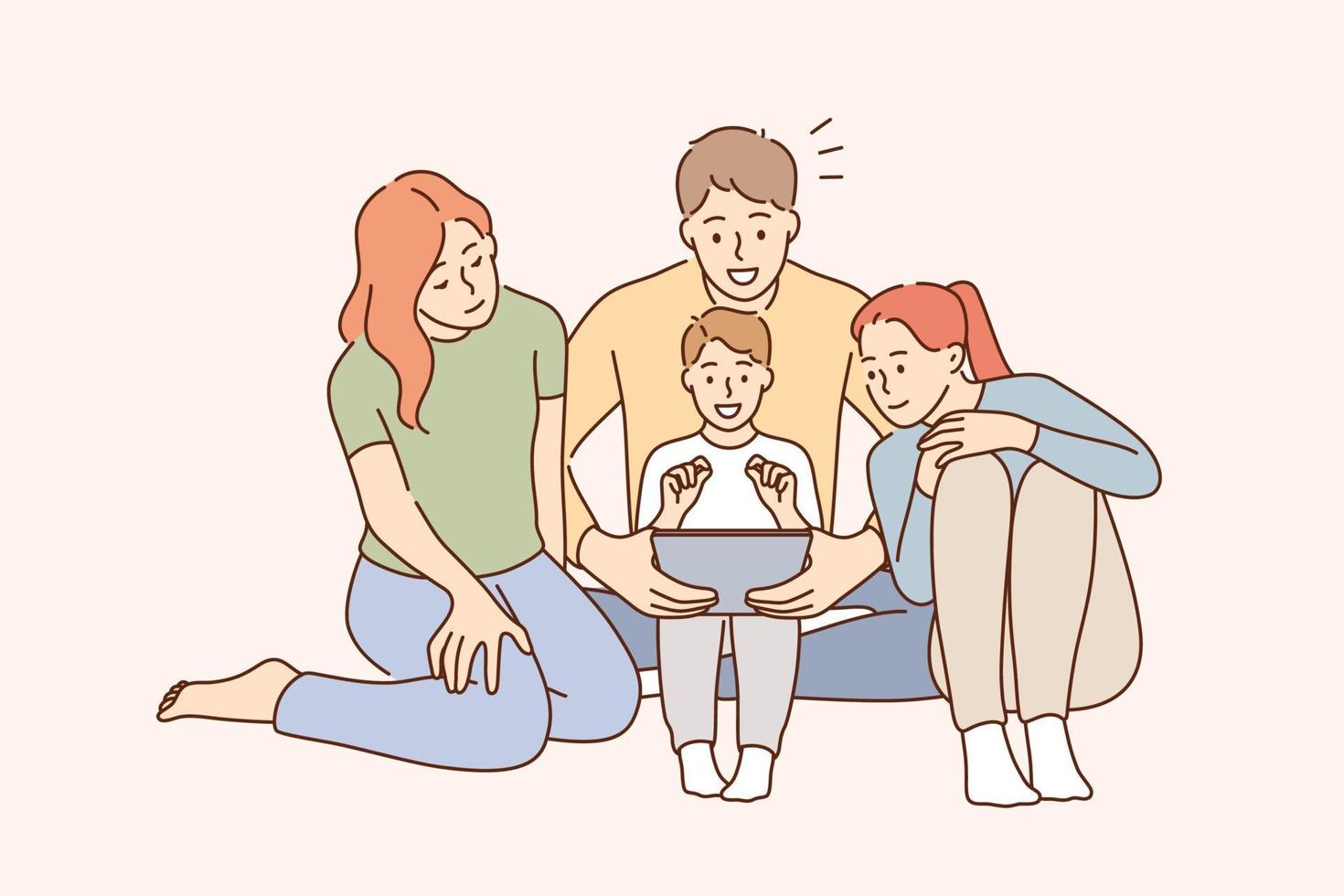 onderhoudend gebruik makend van mobiel app Aan telefoon concept. vrolijk jong familie met kinderen tekenfilm tekens zittend lachend aan het kijken grappig video Aan smartphone samen vector illustratie