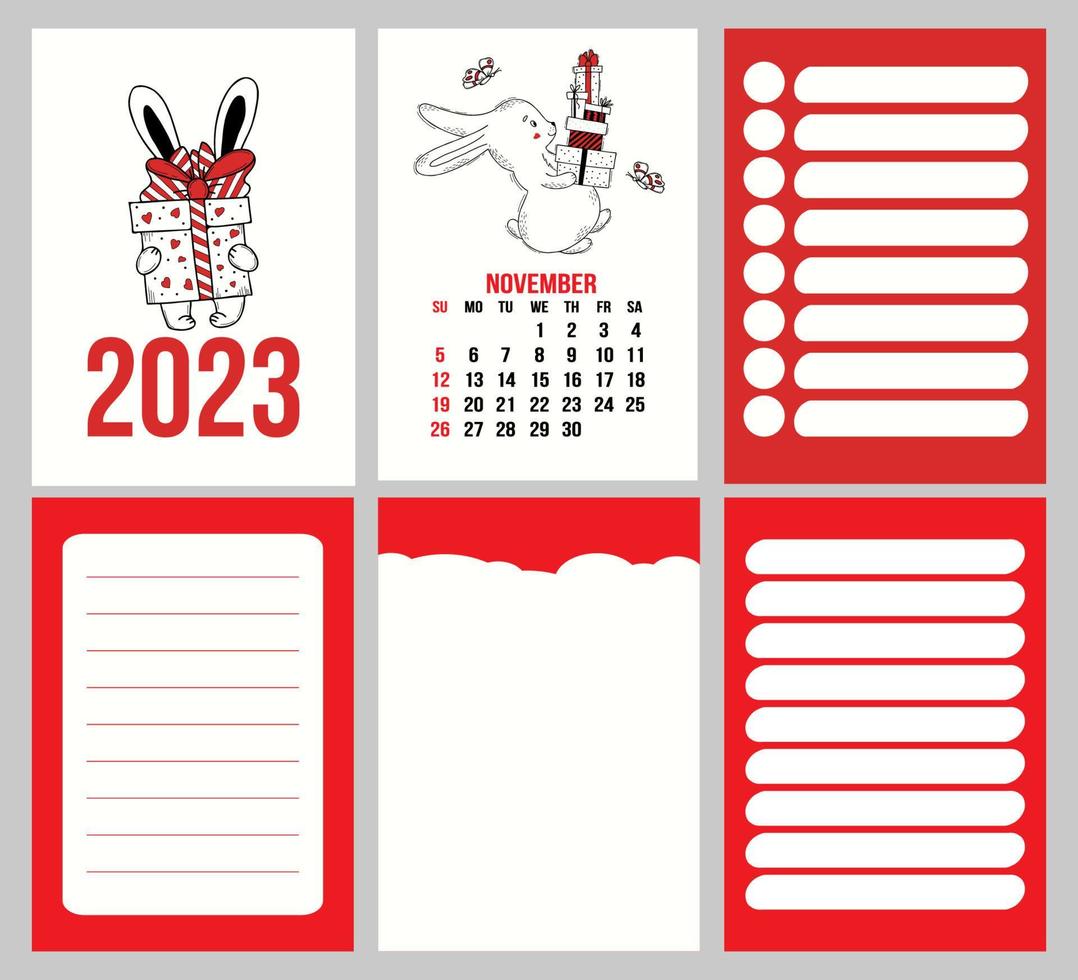 grote set kalenderplanner met omslag voor november 2023 met schattig konijn en pagina's, notities, controle en takenlijst. vectorillustratie. week vanaf zondag. in Engels. jaar van konijn naar chinese kalender vector