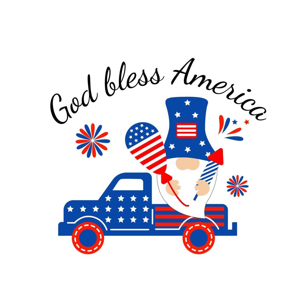 god zegenen Amerika opschrift met vrachtwagen, kabouter. schattig vector prints voor 4e van juli. onafhankelijkheid dag ontwerp elementen in de kleuren van de ons nationaal vlag.