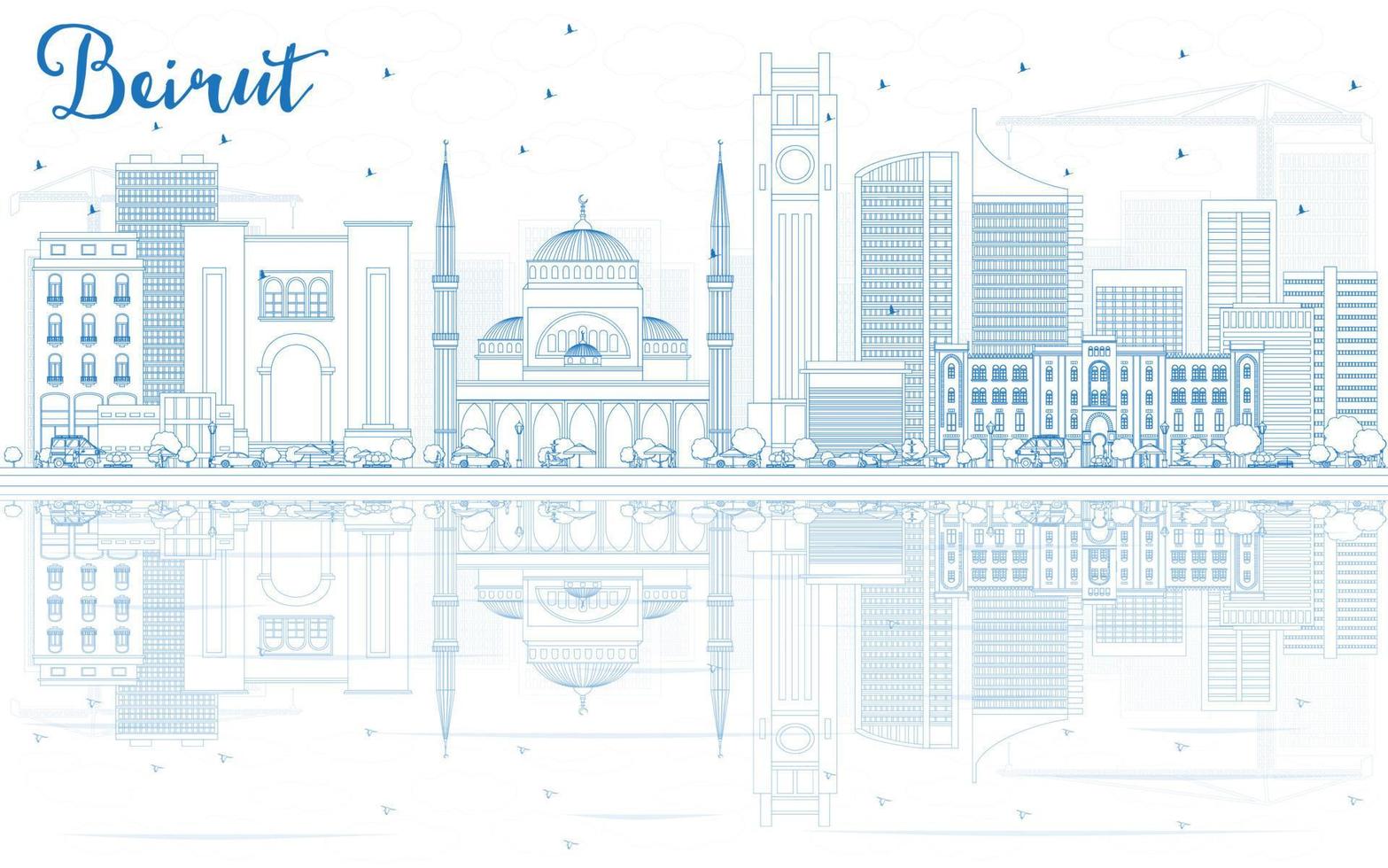 schets Beiroet horizon met blauw gebouwen en reflecties. vector