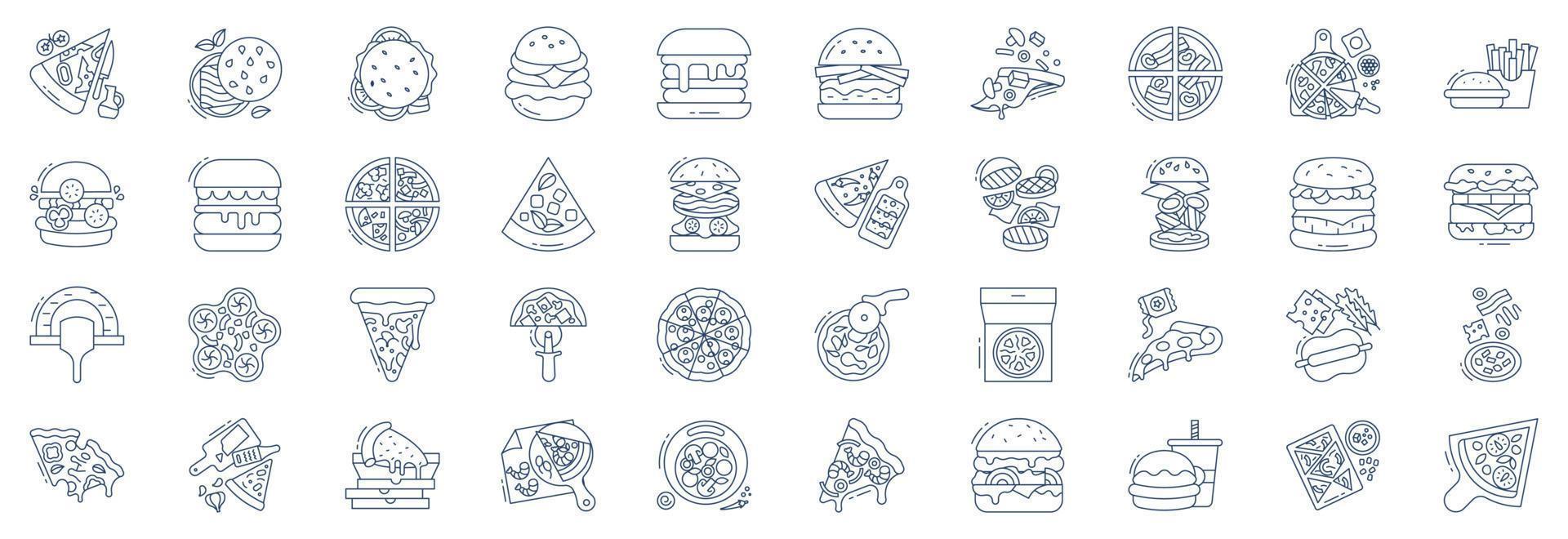 verzameling van pictogrammen verwant naar pizza en hamburger, inclusief pictogrammen Leuk vinden pizza, Patat, hamburger, monos en meer. vector illustraties, pixel perfect reeks