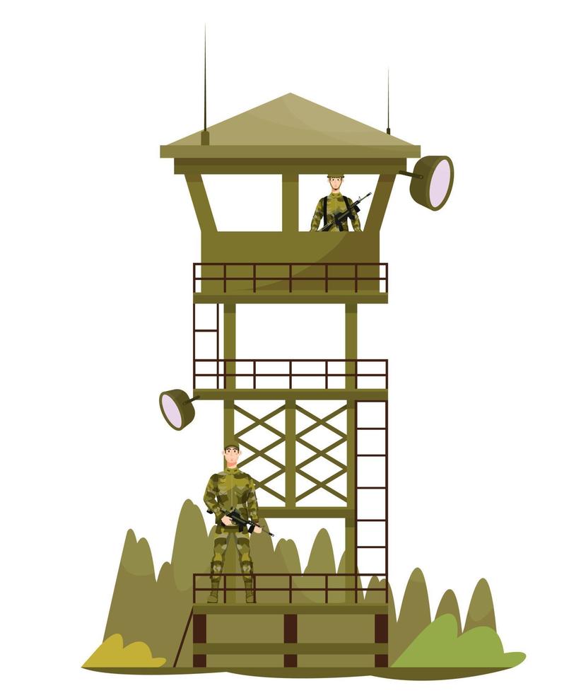 bewaker toren, kijk maar toren met bewakers, soldaten. kijken uit, leger baseren, kamp. leger onderhoud. vlak vector illustratie. leger concept.