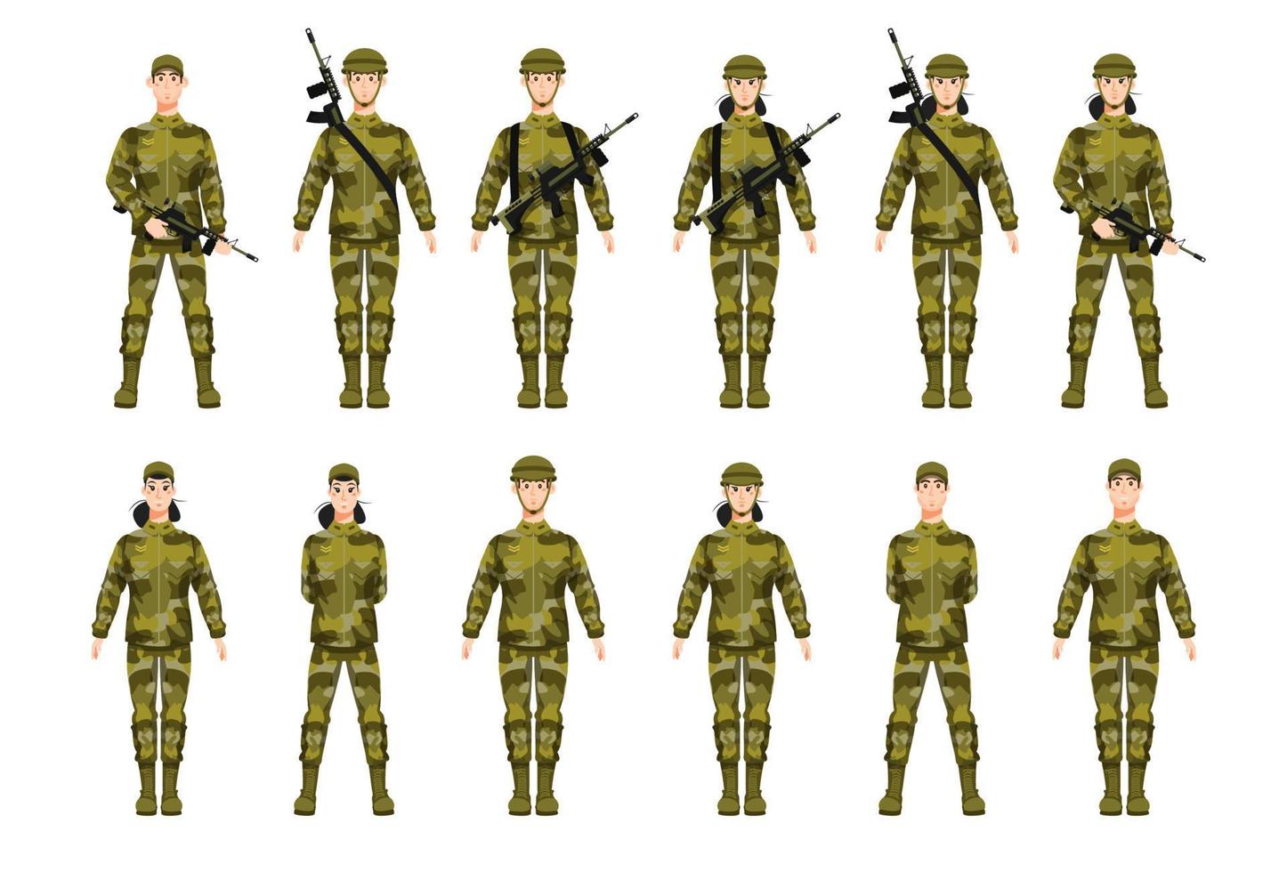 reeks van soldaten, officieren vervelend leger uniform. Mens en vrouw in de leger. vlak vector illustratie.