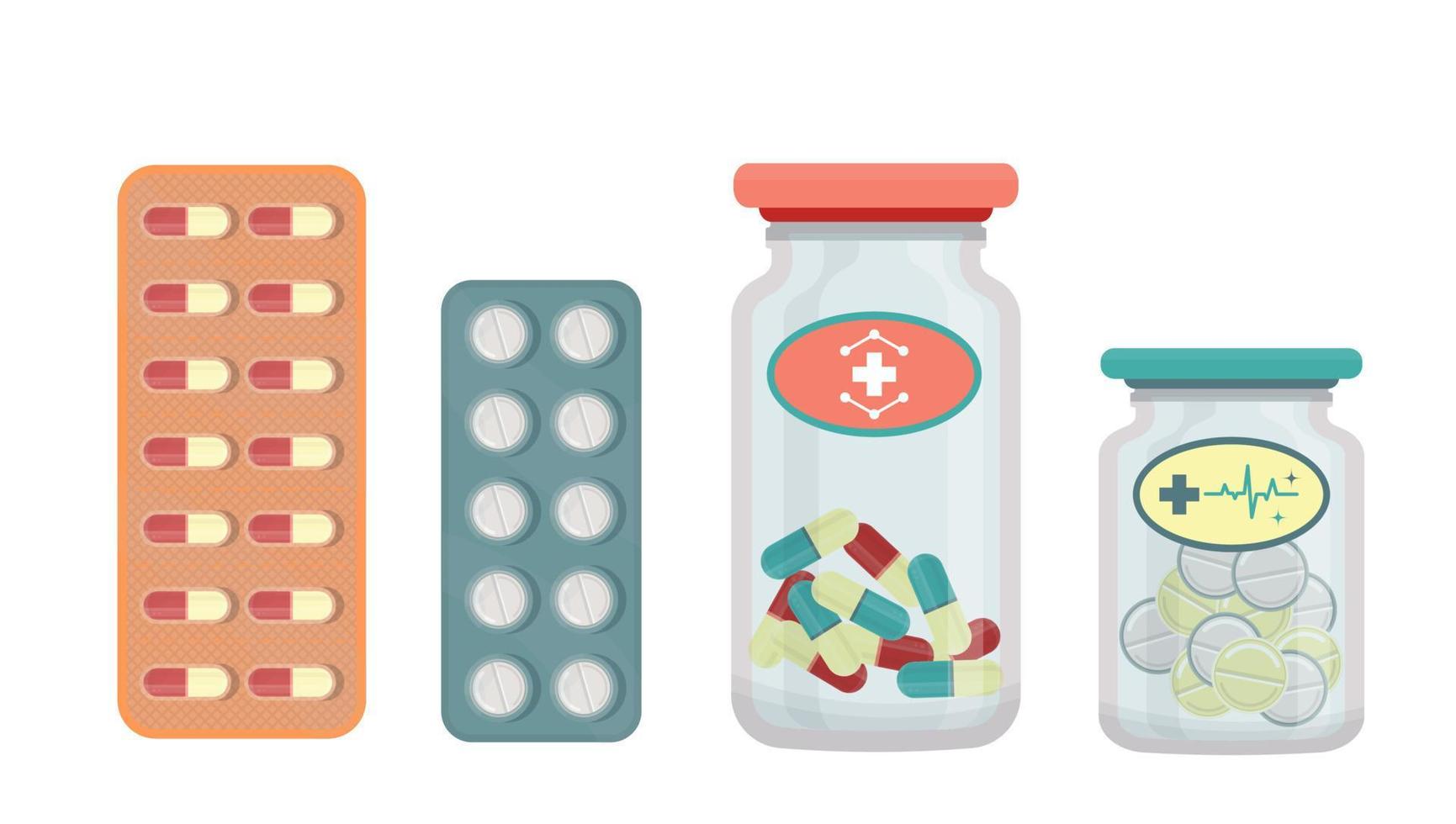 reeks van tabletten, pillen geïsoleerd. fles met pillen, drugs. vlak vector illustratie.