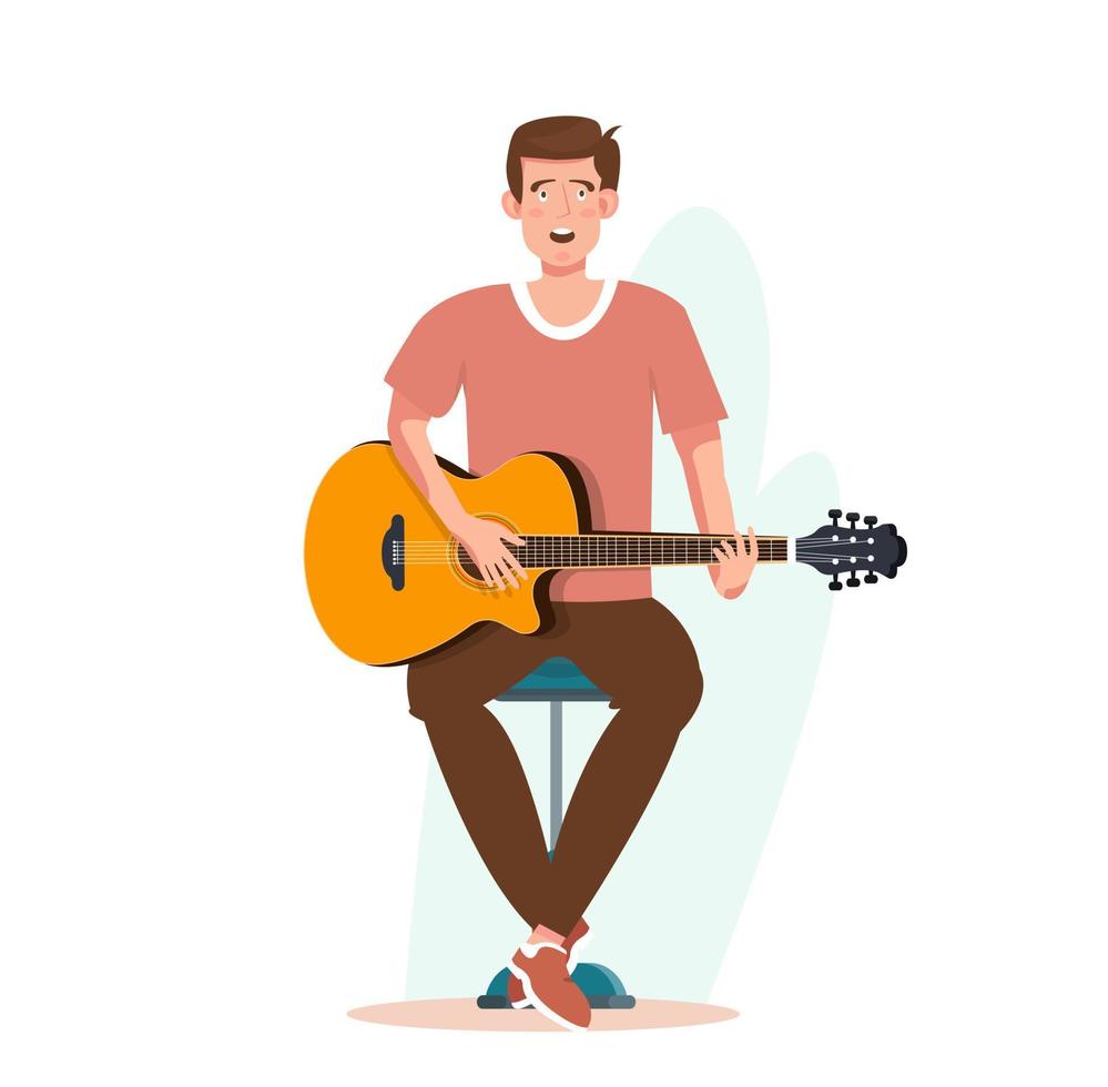 Mens spelen akoestisch gitaar en zingen. gitaar speler. gitarist vlak vector illustratie.