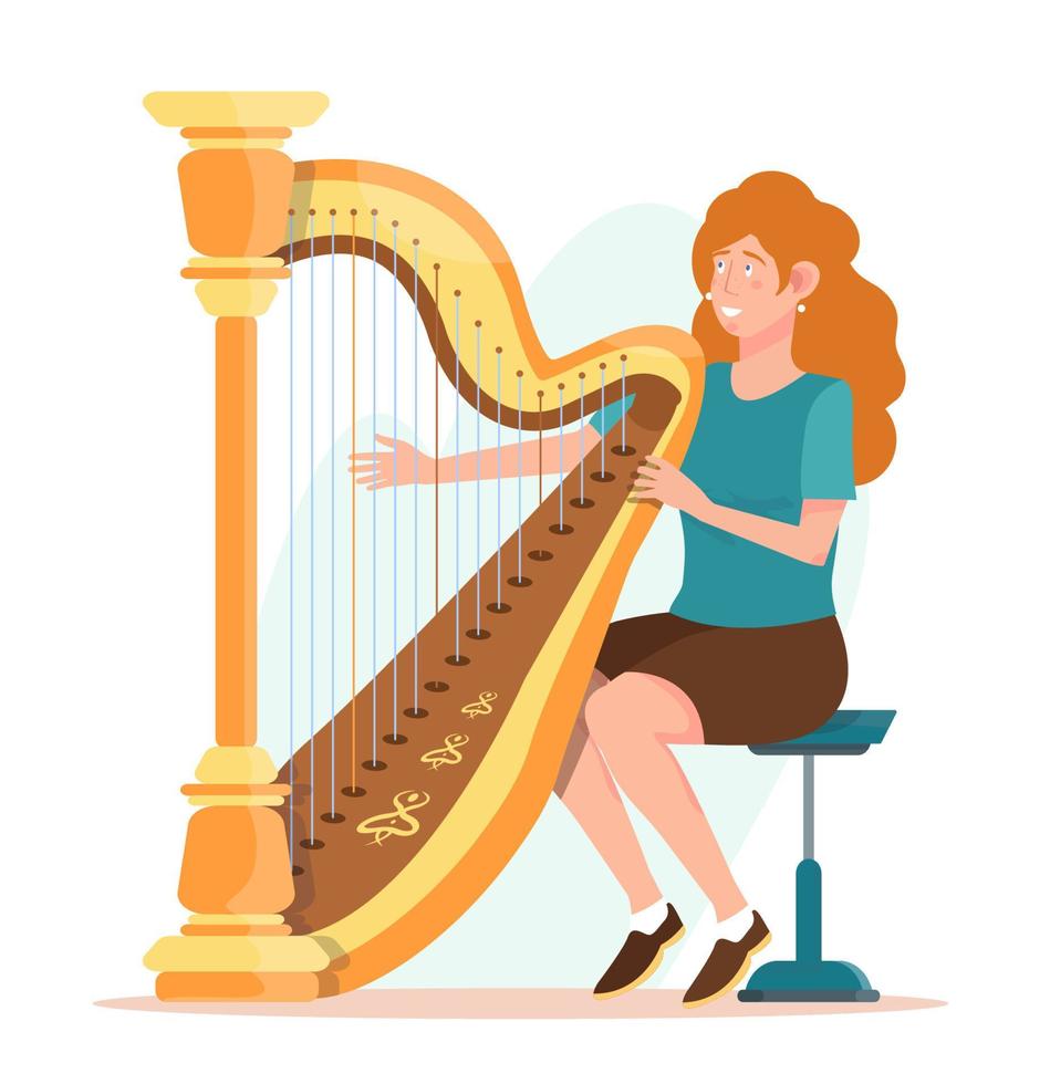 vrouw spelen een harp. harp speler. harpiste vlak vector illustratie.
