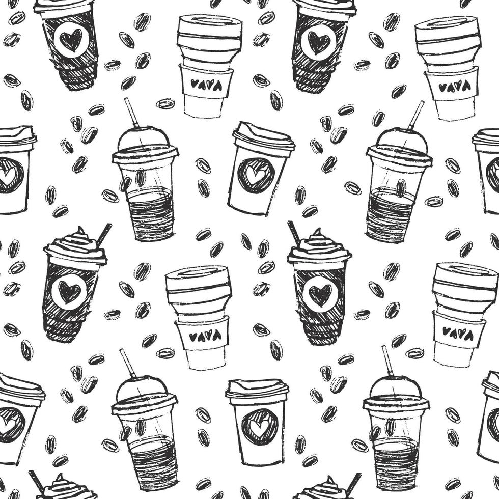 hand- getrokken schetsen stijl naadloos patroon met koffie naar Gaan cups divers vormen met drinken rietjes en harten. monochroom vector achtergrond.