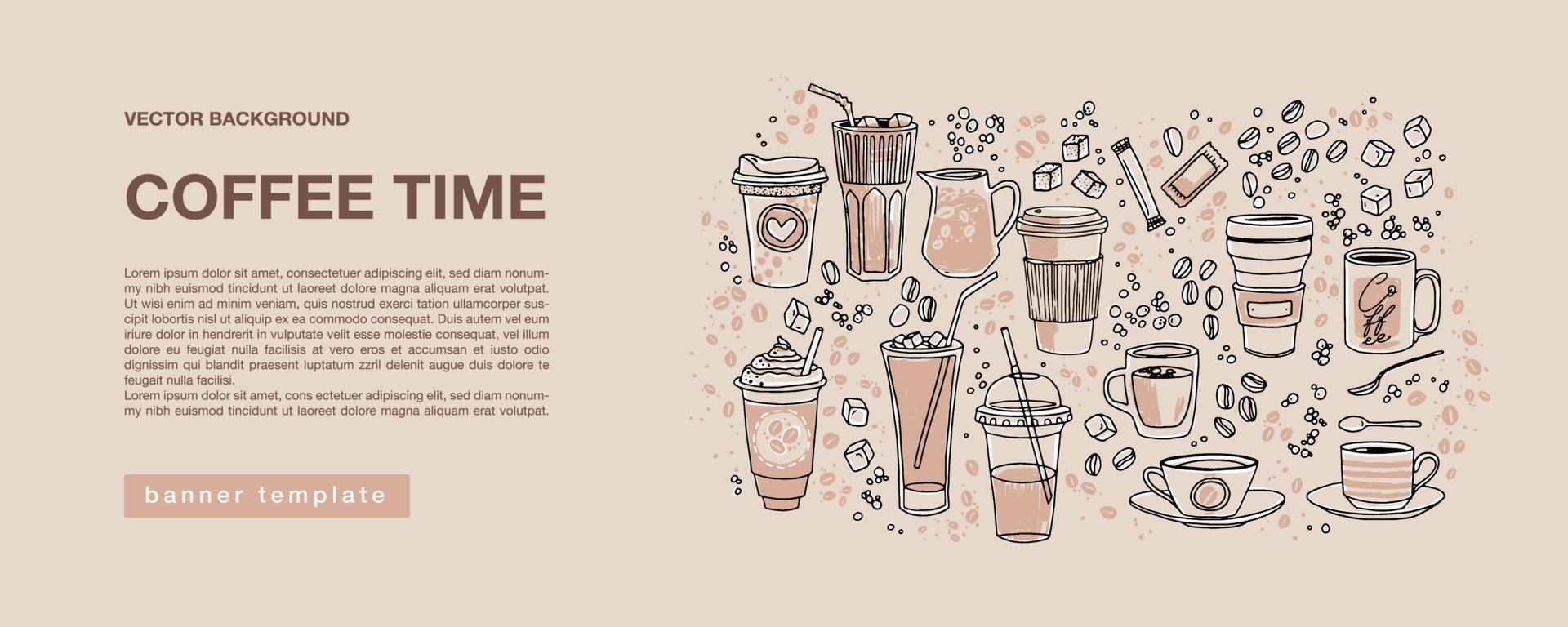 hand- getrokken horizontaal banier voor afzet campagne, reclame, promoties. gekleurde koffie bonen en koffie tijd belettering in de centrum met tekst dozen. vector