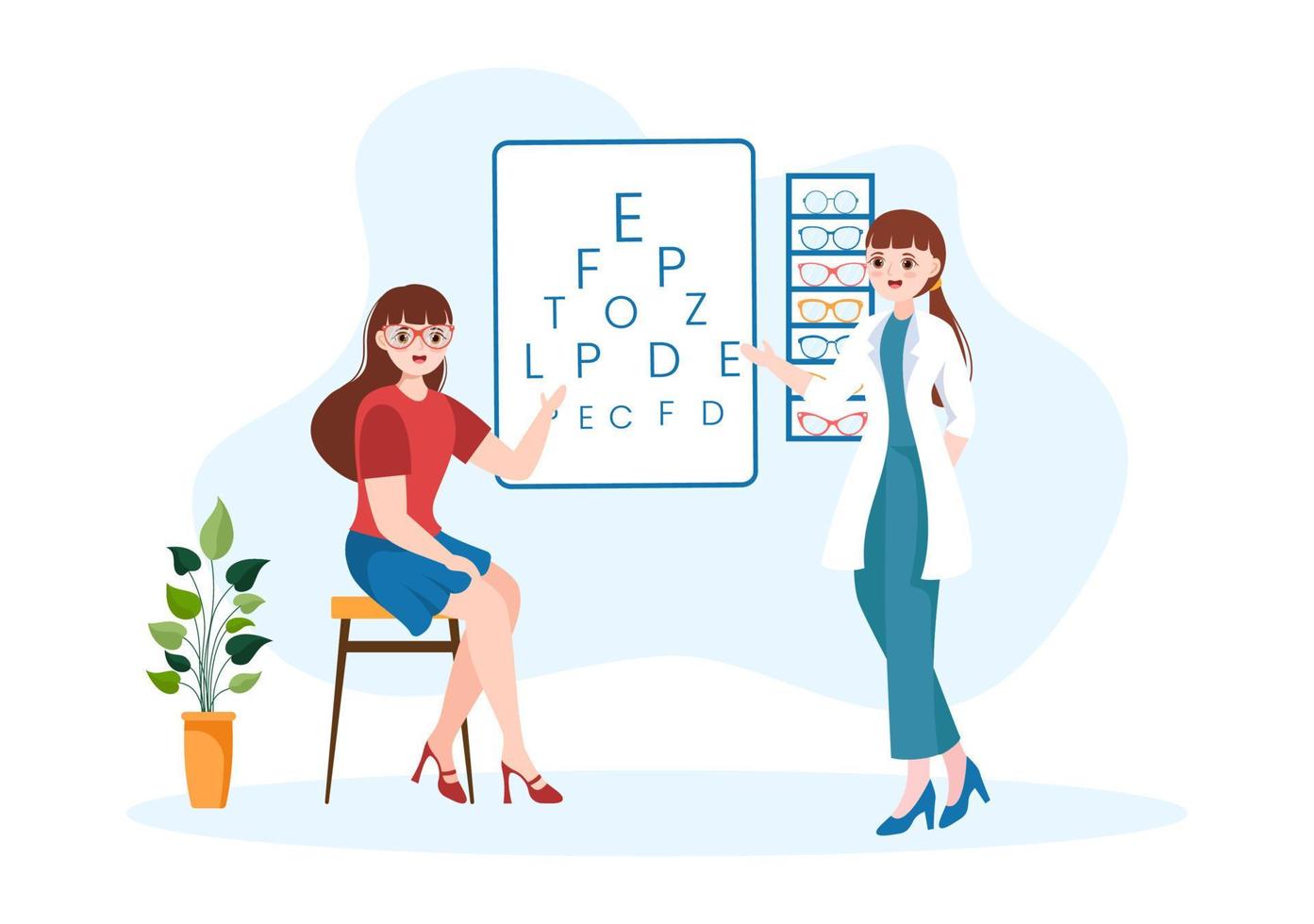 oog bril op te slaan of optisch winkel met accessoires, opticien, controle visie en bril in vlak tekenfilm hand- getrokken Sjablonen illustratie vector