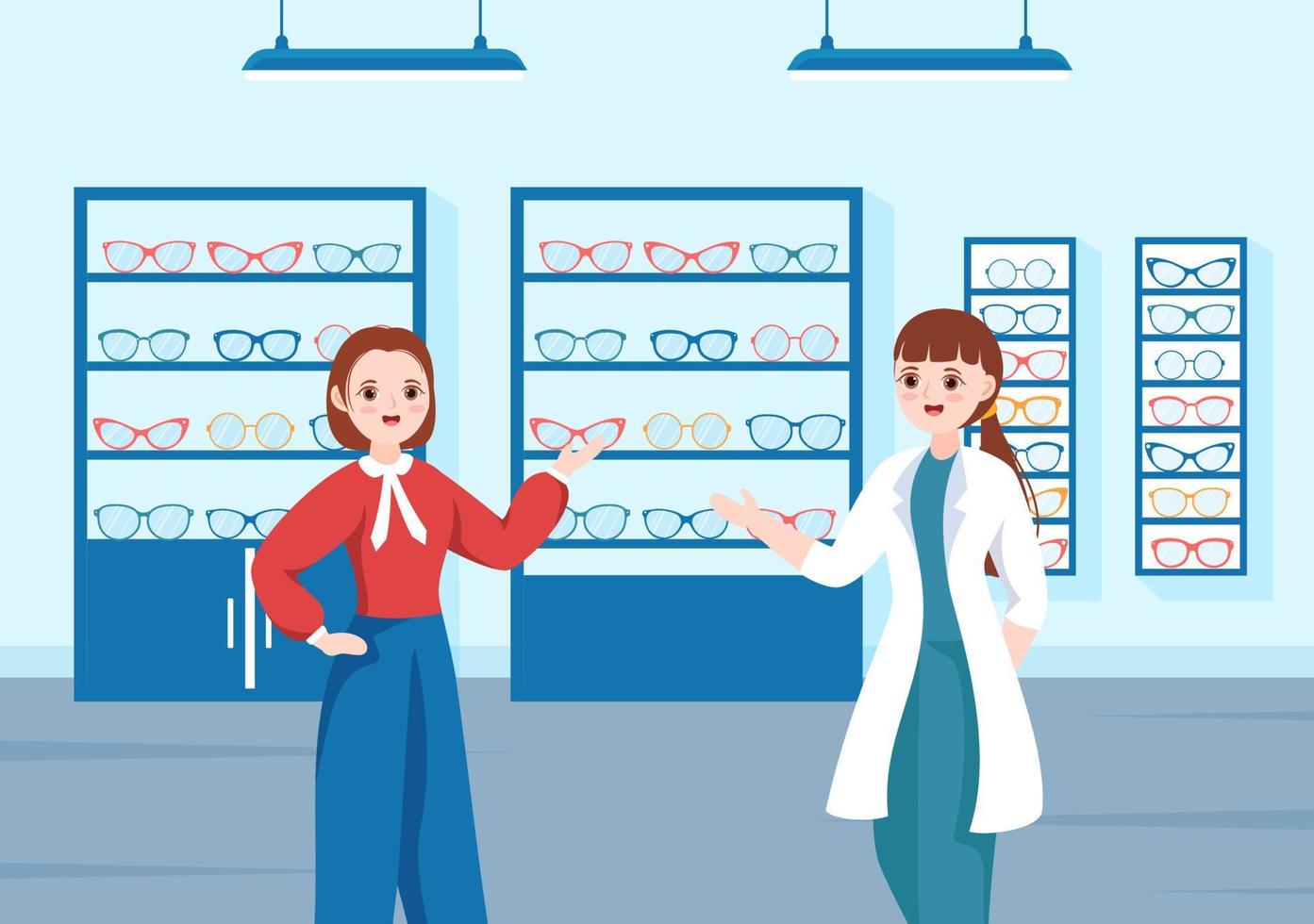 oog bril op te slaan of optisch winkel met accessoires, opticien, controle visie en bril in vlak tekenfilm hand- getrokken Sjablonen illustratie vector