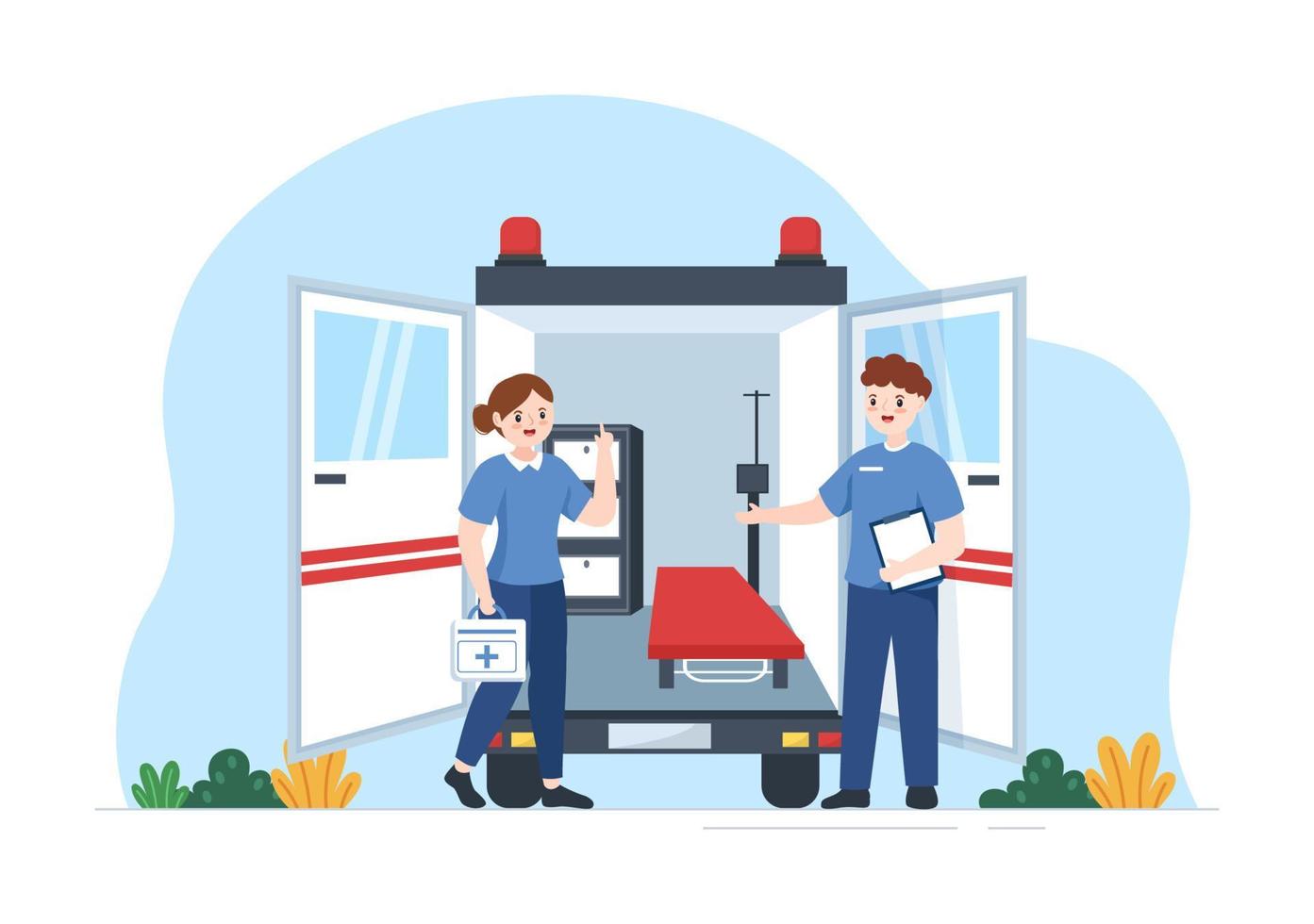 medisch voertuig ambulance auto of noodgeval onderhoud voor plukken omhoog geduldig de gewond in een ongeluk in vlak tekenfilm hand- getrokken Sjablonen illustratie vector