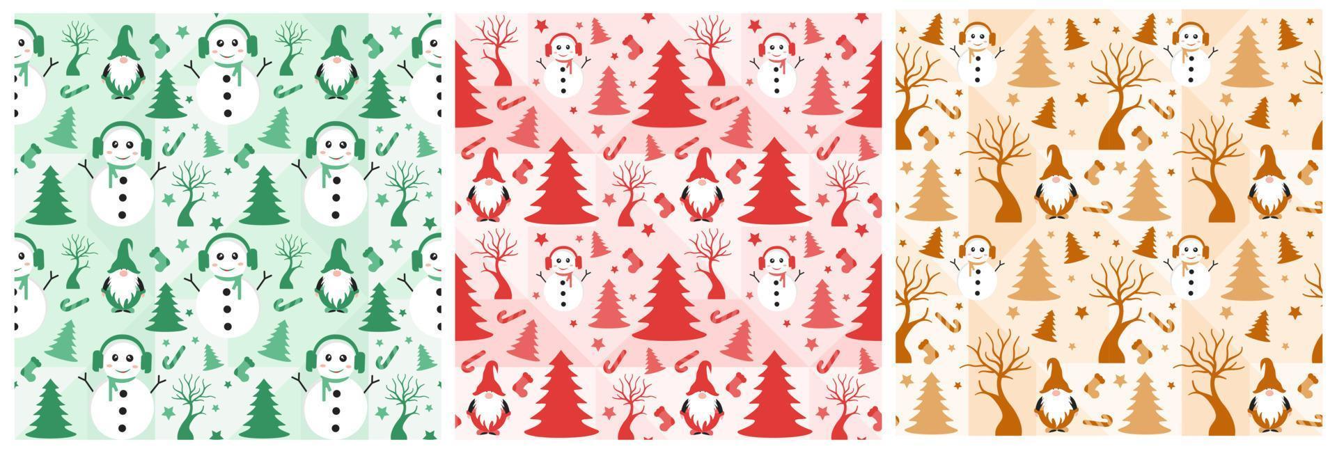 reeks van Kerstmis achtergrond naadloos patroon ontwerp met de kerstman claus, boom, sneeuwman en cadeaus in sjabloon hand- getrokken tekenfilm vlak illustratie vector