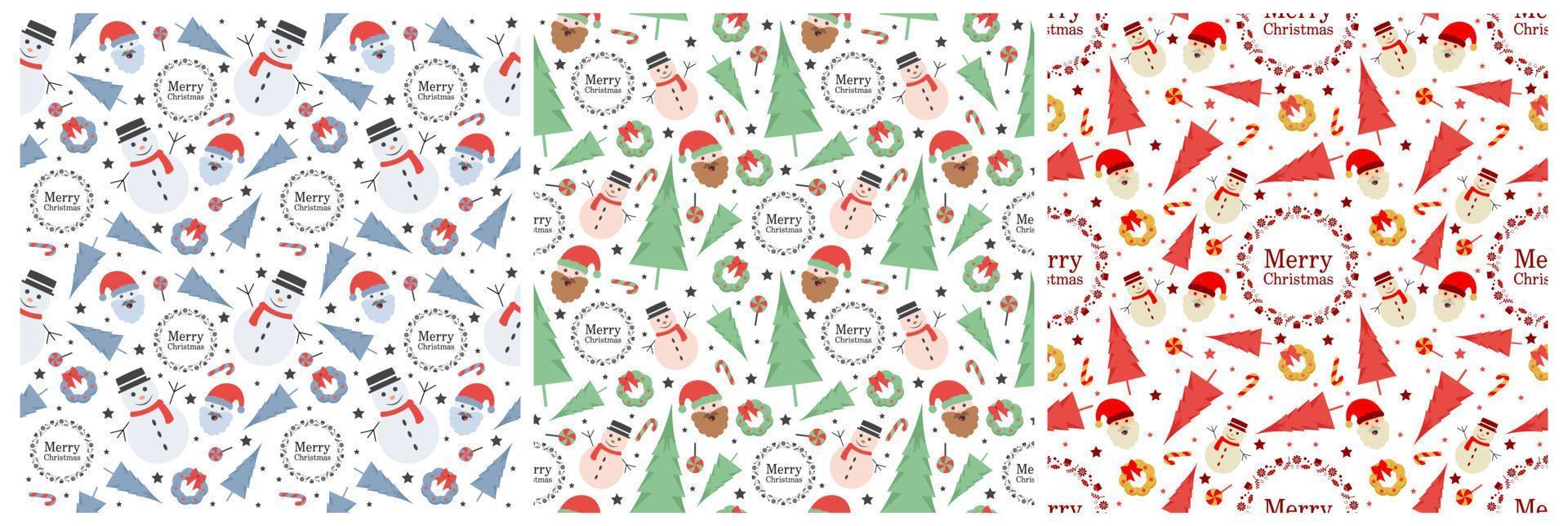 reeks van Kerstmis achtergrond naadloos patroon ontwerp met de kerstman claus, boom, sneeuwman en cadeaus in sjabloon hand- getrokken tekenfilm vlak illustratie vector