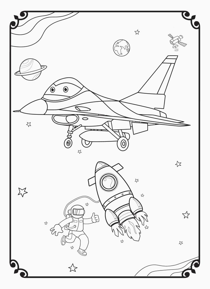 schattig grappig en gelukkig vliegtuig met ruimte en heelal kleur bladzijde voor kinderen vector