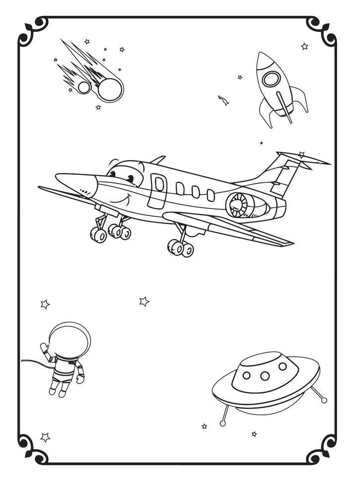 schattig grappig en gelukkig vliegtuig met ruimte en heelal kleur bladzijde voor kinderen vector