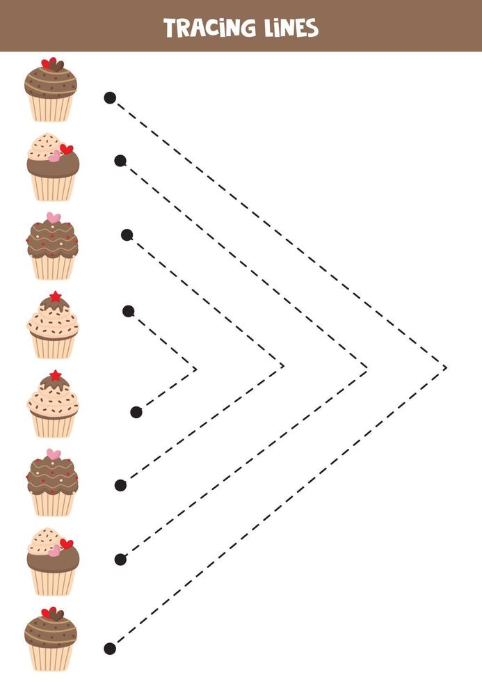 traceren lijnen voor kinderen. schattig kleurrijk cupcakes. schrijven oefening. vector